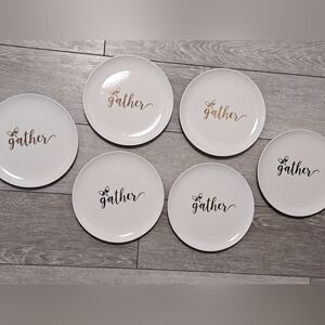 6 Fall Thanksgiving Themed 9inch Round White Ceramic Plate Set W/ Word GATHER